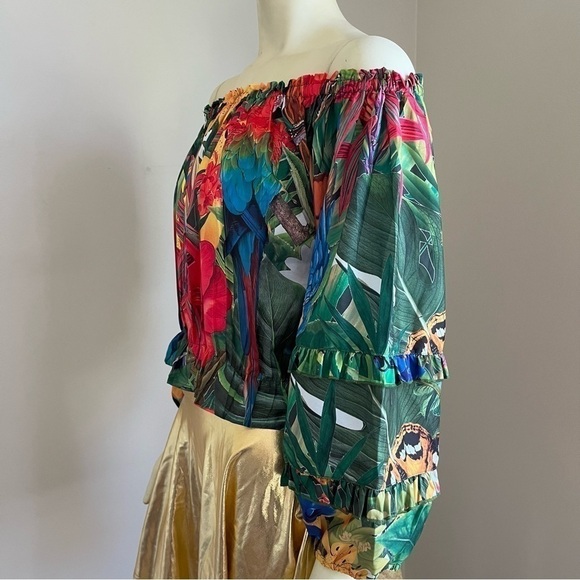 Nwt Rachel Zoe Women’s Tropical Butterfly 1/4 Sleeve Off shoulder Cropped Top L - Picture 4 of 16